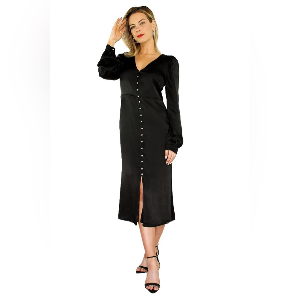 En Saison Anthropologie Black Long Sleeve Satin VNeck Crystal Button MIDI dress